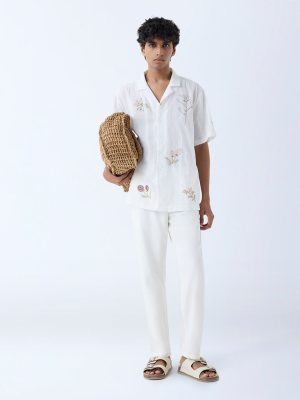 ETA White Floral Embroidered Relaxed-Fit Cotton Shirt