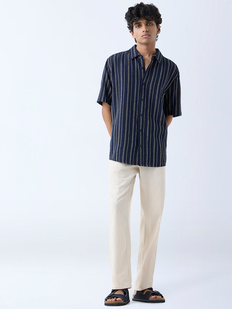 ETA Navy Stripe Detailed Relaxed-Fit Cotton Shirt - Image 2