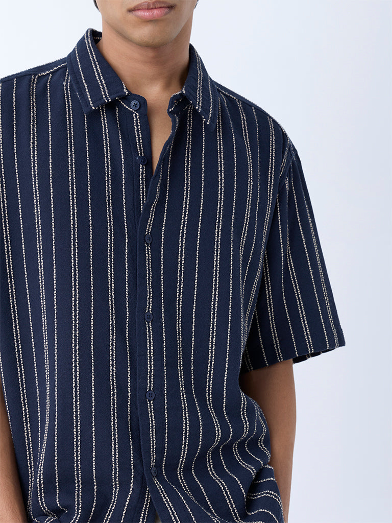 ETA Navy Stripe Detailed Relaxed-Fit Cotton Shirt - Image 3