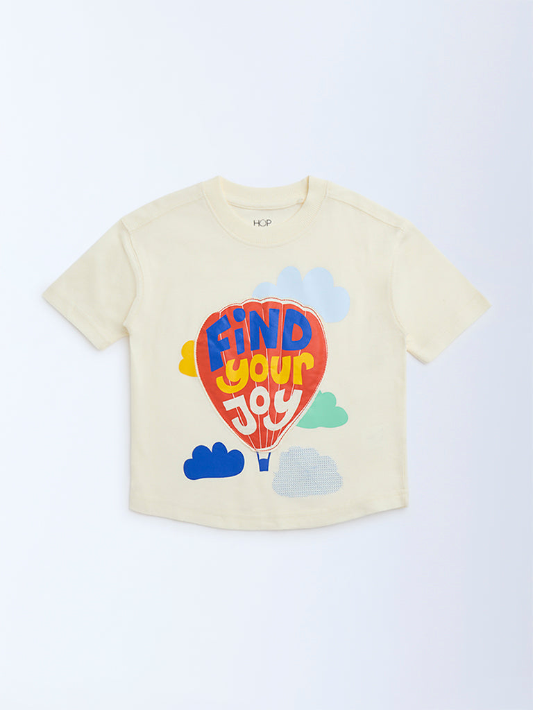 HOP Kids Off-White Printed Cotton T-Shirt - Image 2