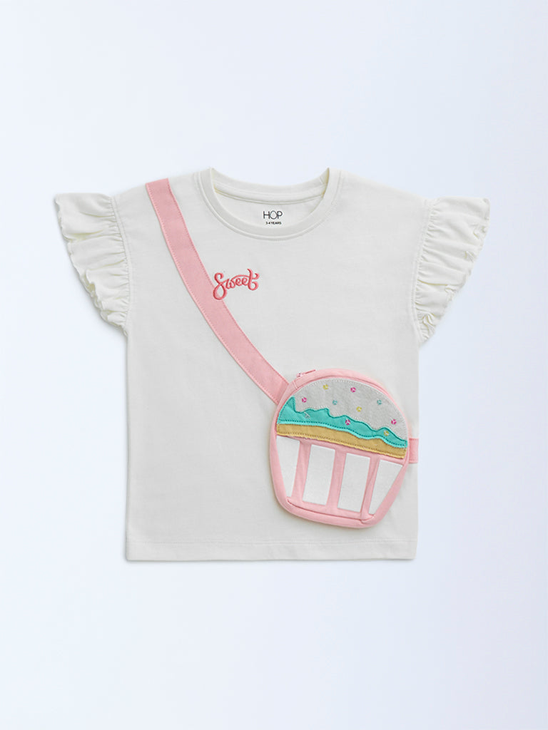 HOP Kids Off-White Pouch-Detailed Cotton Top - Image 2
