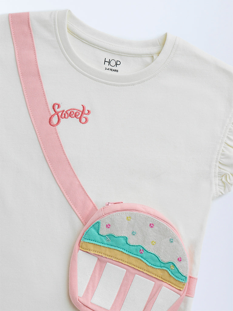 HOP Kids Off-White Pouch-Detailed Cotton Top - Image 4