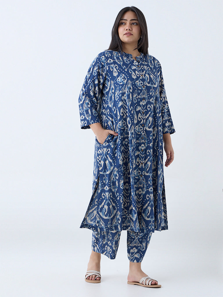 Diza Dark Blue Ikat Pattern Ethnic Pants - Image 2