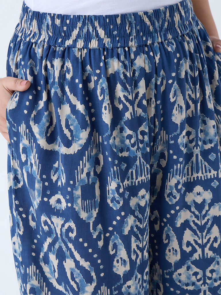 Diza Dark Blue Ikat Pattern Ethnic Pants - Image 3
