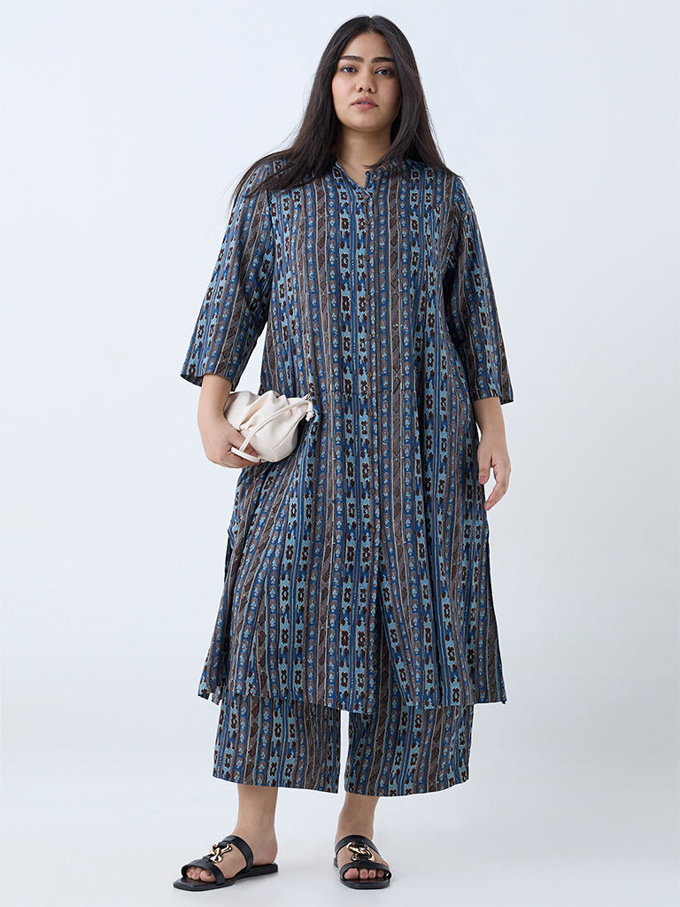 Diza Blue Stripe Detailed A-Line Kurta - Image 2