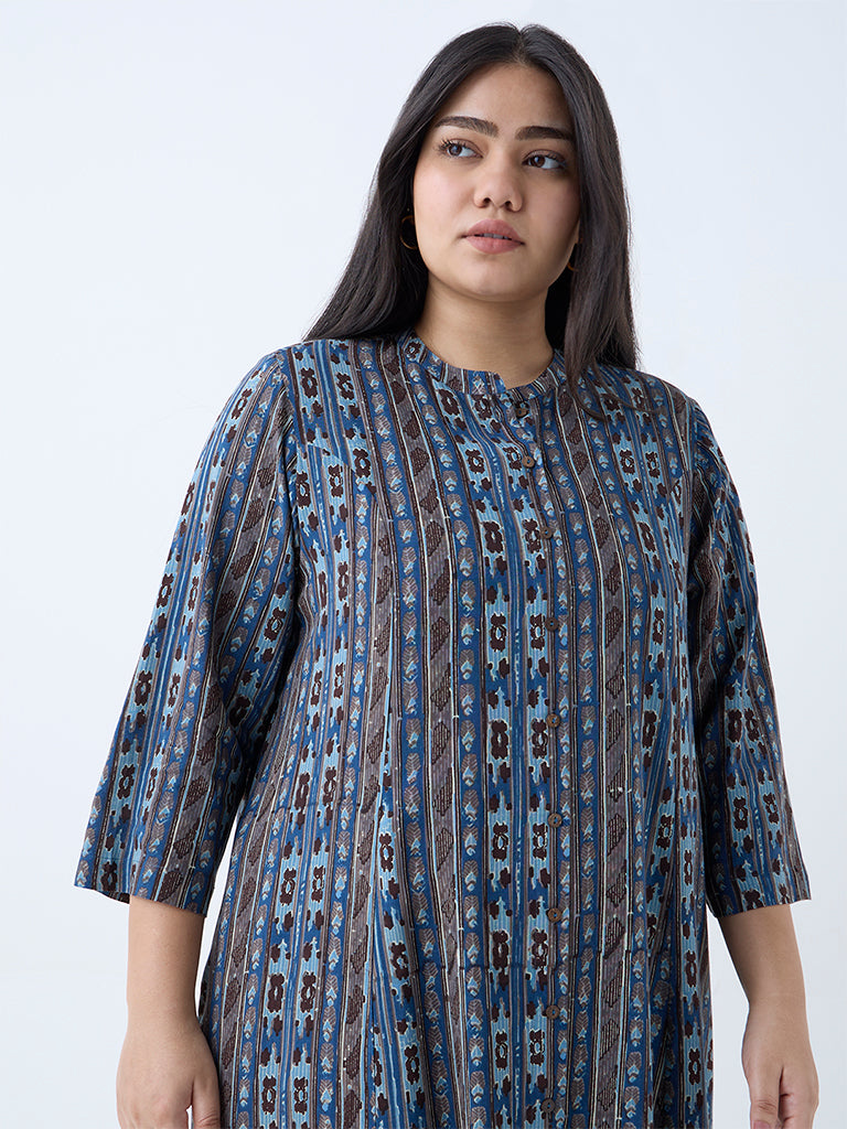 Diza Blue Stripe Detailed A-Line Kurta - Image 3