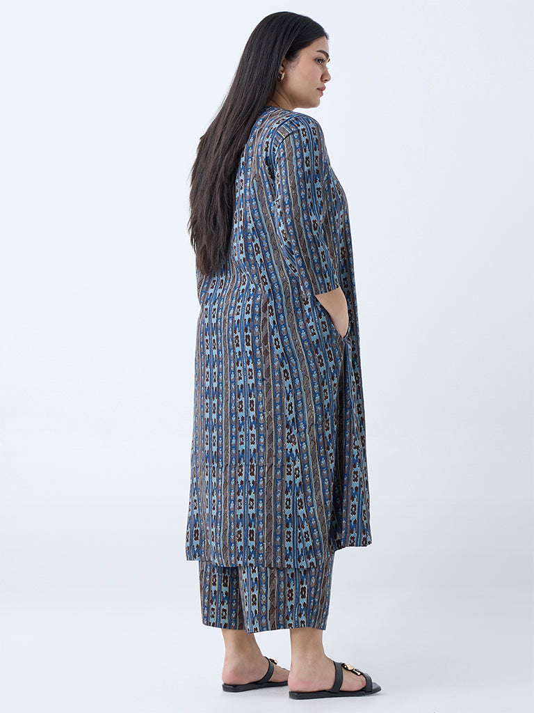 Diza Blue Stripe Detailed A-Line Kurta - Image 4
