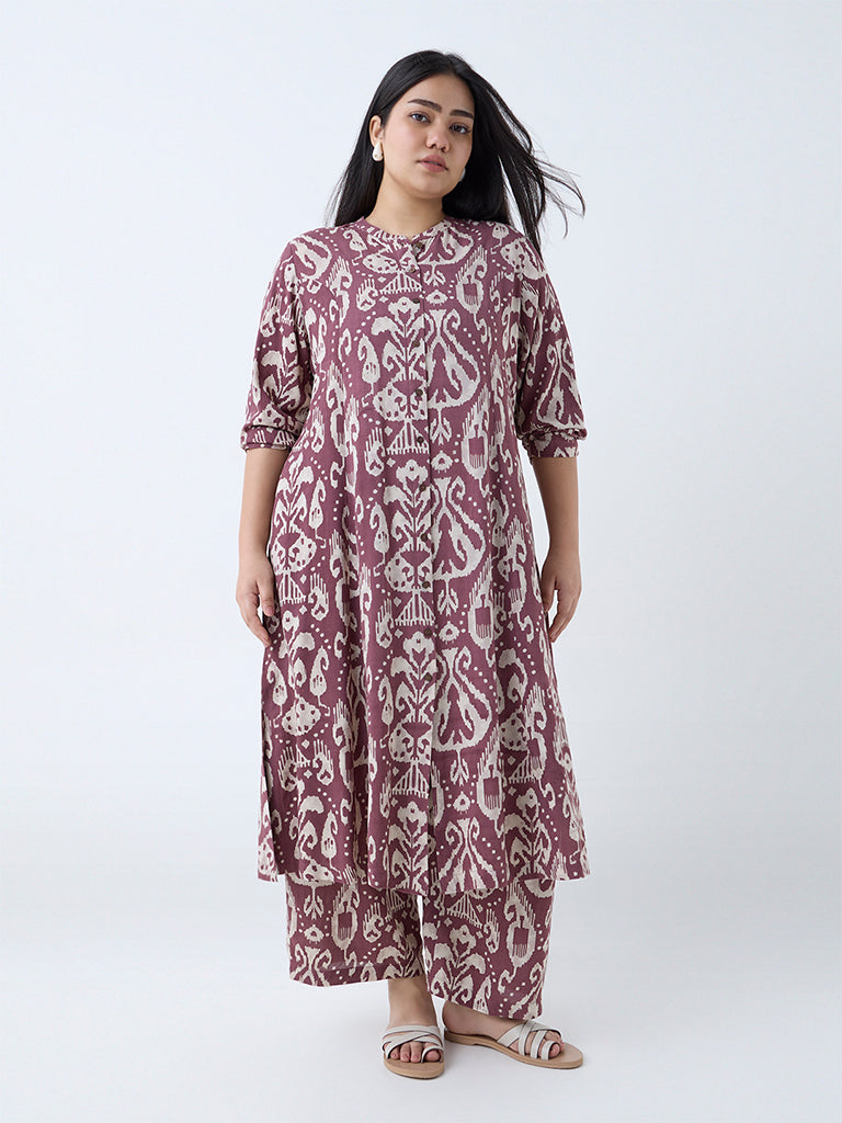 Diza Mauve Ikat Detailed A-Line Kurta - Image 2