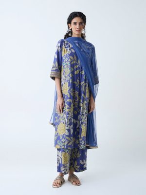 Vark Blue Botanical Pattern A-Line Ethnic Set