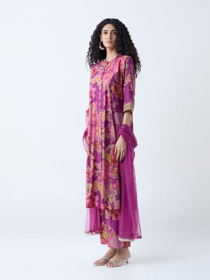 Vark Magenta Floral Pattern A-Line Ethnic Set