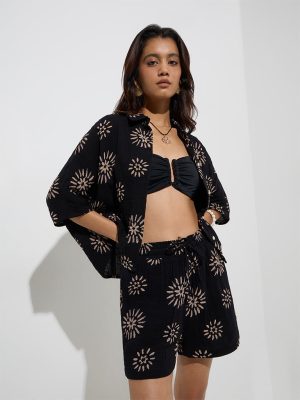 Wunderlove Black Floral Detailed Cotton Beach Shirt