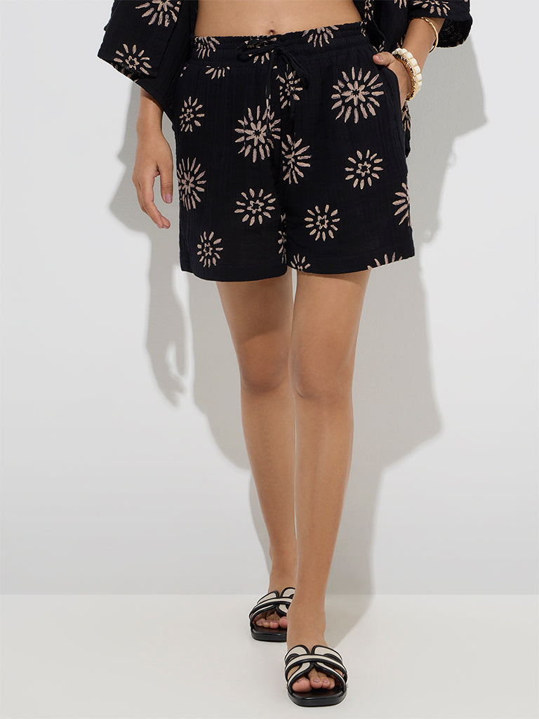 Wunderlove Black Floral High-Rise Cotton Beach Shorts - Image 2