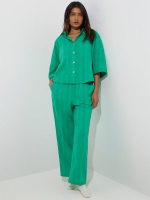 Wunderlove Green Stripe Cotton-Blend Shirt and Pyjamas Set