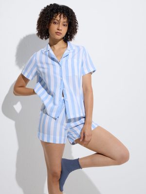 Wunderlove Blue Stripe Printed Cotton Shirt and Shorts Set