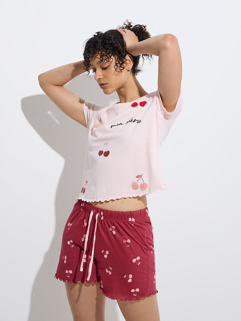 Wunderlove Pink Printed Cotton Shorts Set In A Bag - Image 2