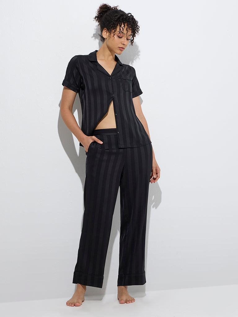 Wunderlove Black Self-Striped Shirt and Pyjamas Set