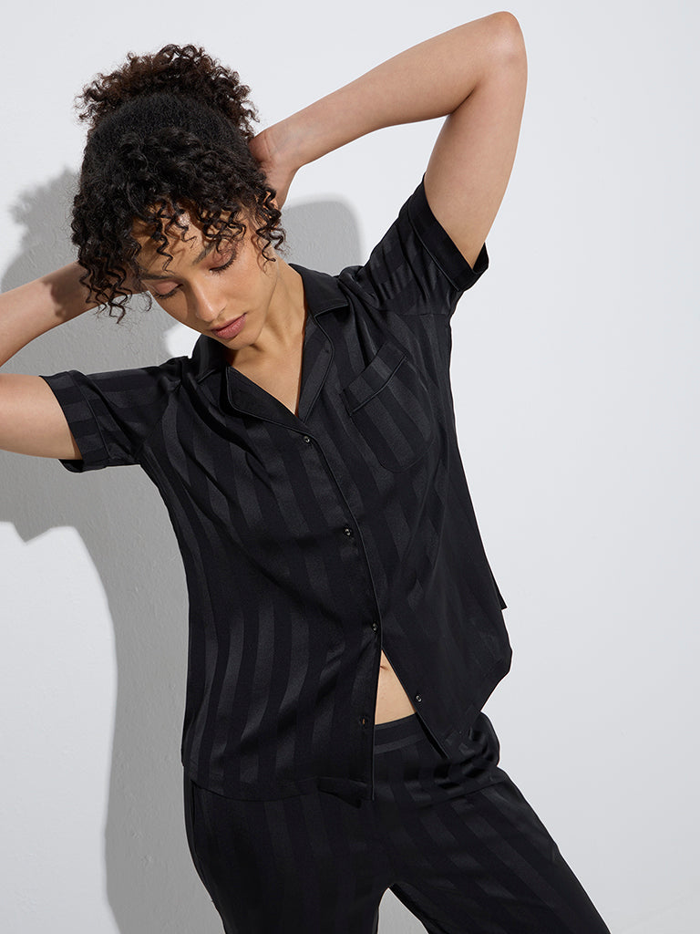 Wunderlove Black Self-Striped Shirt and Pyjamas Set - Image 3