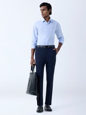 WES Formals Blue Self-Patterned Relaxed-Fit Cotton Shirt
