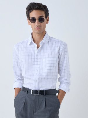 WES Formals White Checkered Relaxed-Fit Cotton Shirt