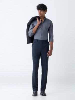 WES Formals Navy Pinstriped Relaxed-Fit Mid-Rise Trousers