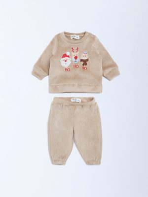 HOP Baby Beige Christmas-Themed Sweatshirt and Pants Set