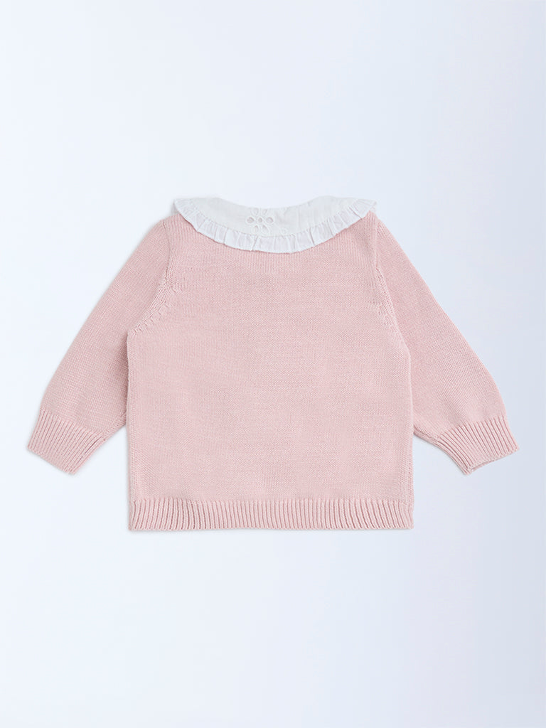 HOP Baby Dusty Pink Floral Embroidered Cotton Sweater - Image 2
