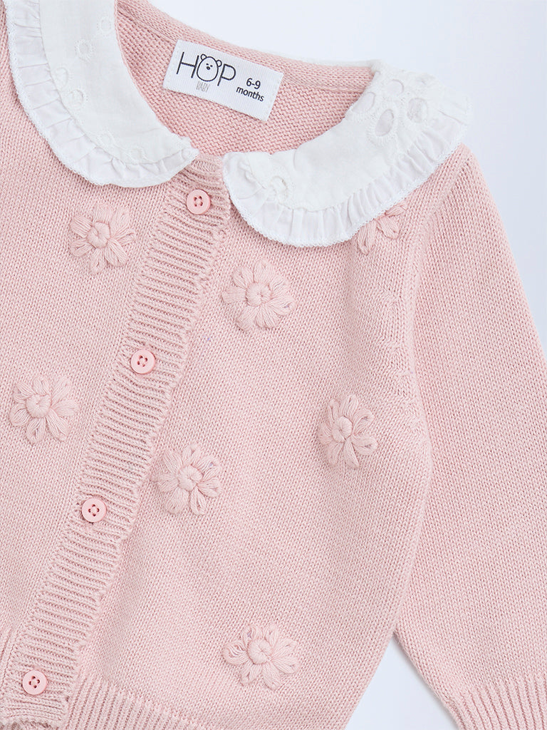 HOP Baby Dusty Pink Floral Embroidered Cotton Sweater - Image 3