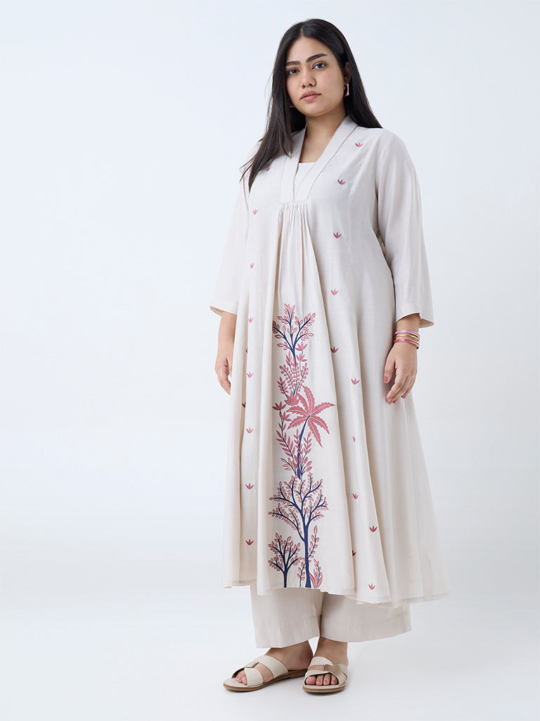 Diza Beige Botanical Design A-Line Kurta - Image 2