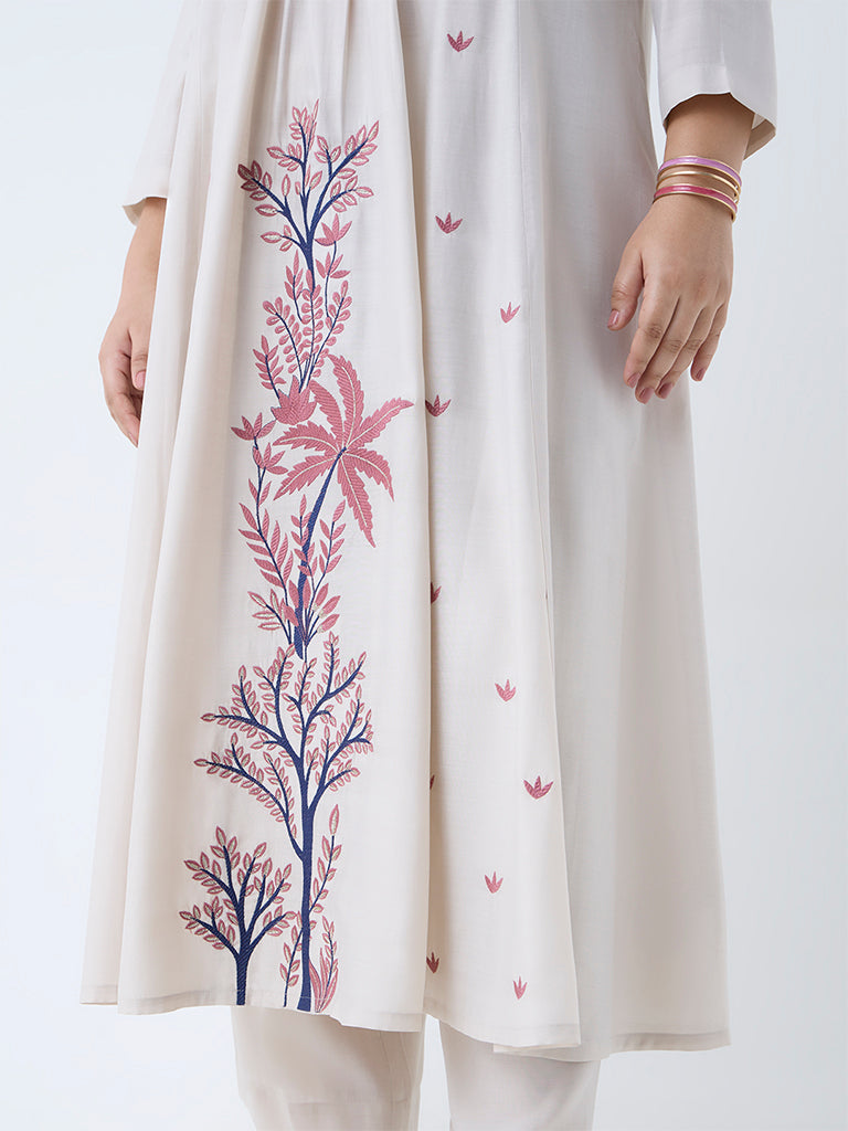 Diza Beige Botanical Design A-Line Kurta - Image 3
