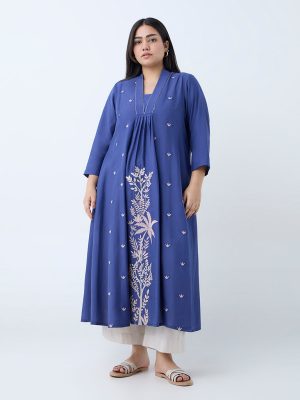 Diza Dark Blue Floral Embroidered A-Line Kurta