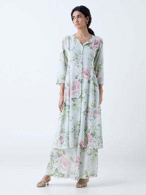 Zuba Light Green Floral Design Palazzos