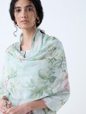 Zuba Light Green Floral Printed Dupatta