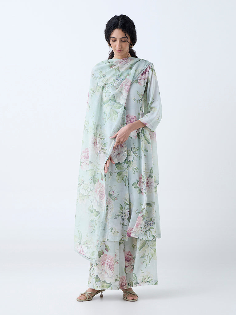 Zuba Light Green Floral Printed Dupatta - Image 2