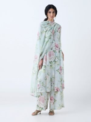 Zuba Light Green Floral Design A-Line Kurta