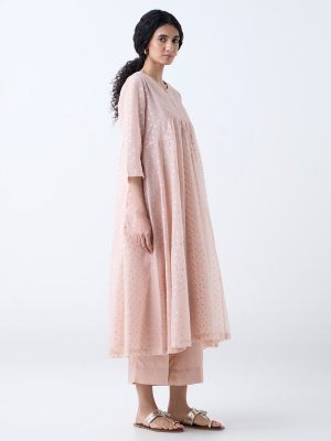 Zuba Dusty Pink Floral Design Fit-and-Flare Cotton-Blend Kurta