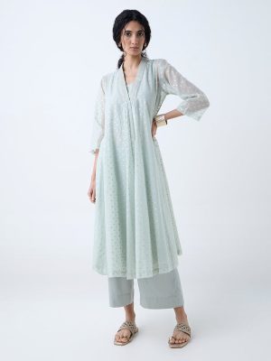 Zuba Light Blue Floral Design Fit-and-Flare Cotton-Blend Kurta