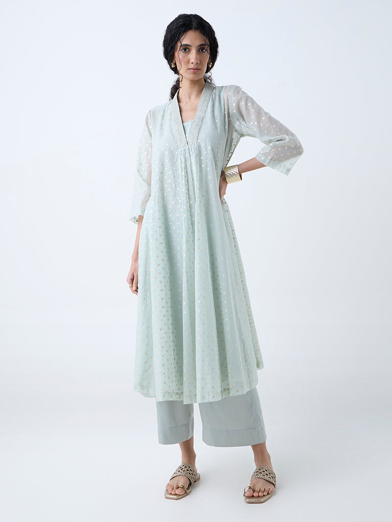 Zuba Light Blue Floral Design Fit-and-Flare Cotton-Blend Kurta