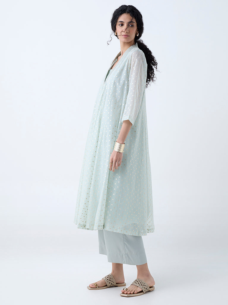 Zuba Light Blue Floral Design Fit-and-Flare Cotton-Blend Kurta - Image 2
