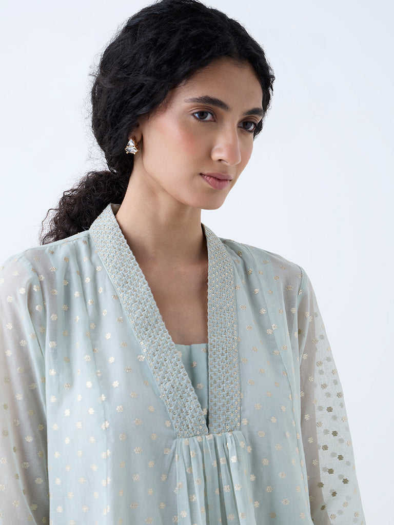 Zuba Light Blue Floral Design Fit-and-Flare Cotton-Blend Kurta - Image 3