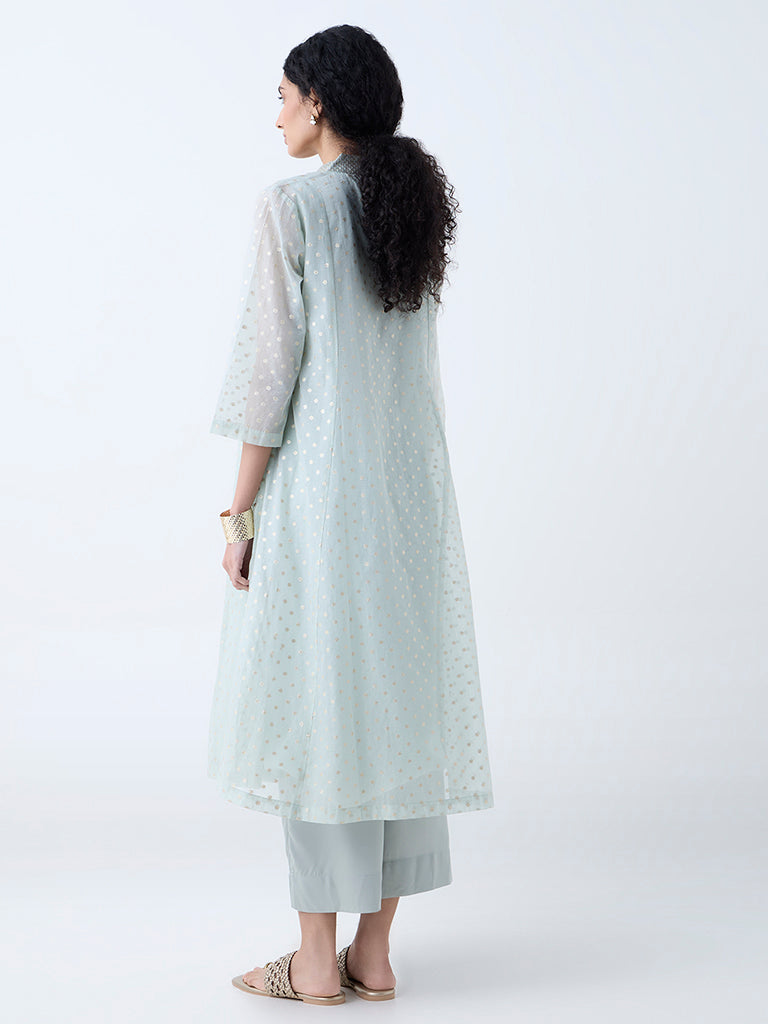 Zuba Light Blue Floral Design Fit-and-Flare Cotton-Blend Kurta - Image 4