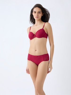 Wunderlove Red Lace Design Underwired Cotton-Blend Bra