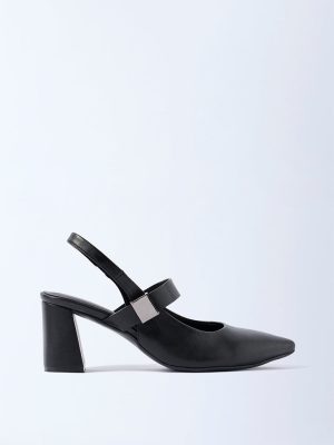 LUNA BLU Black Slingback Block-Heel Mules