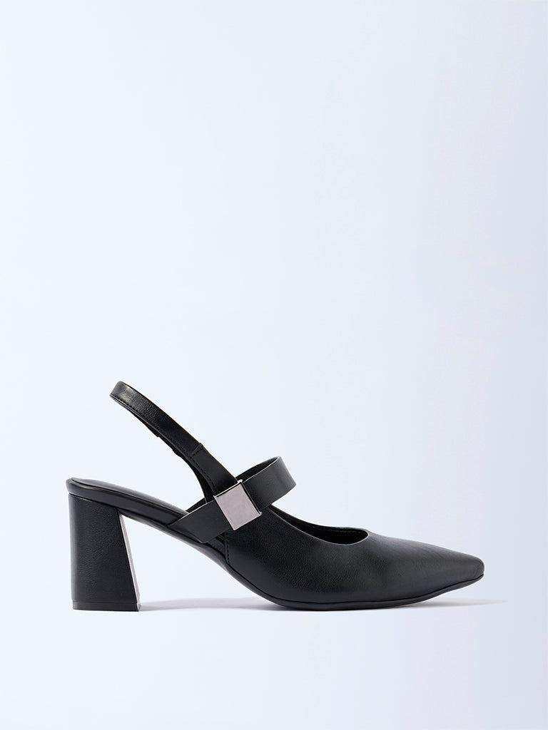 LUNA BLU Black Slingback Block-Heel Mules