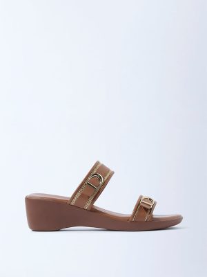 LUNA BLU Tan Raffia-Detailed Slip-On Sandals