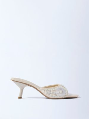LUNA BLU Ivory Floral Embellished Kitten Heel Sandals