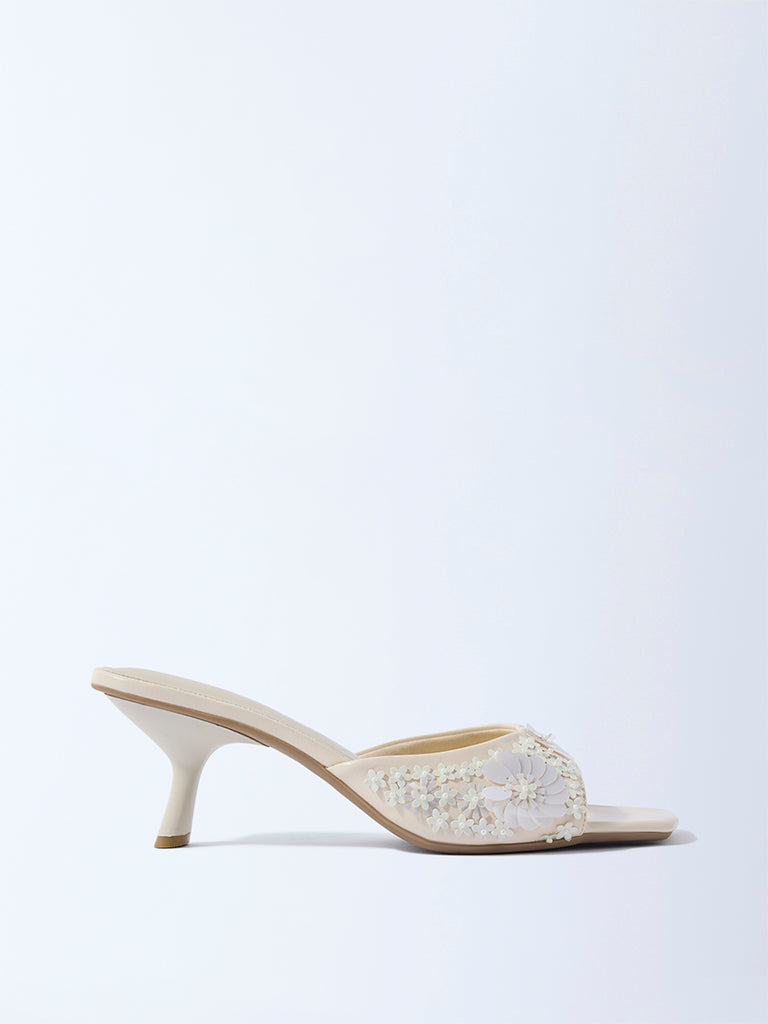 LUNA BLU Ivory Floral Embellished Kitten Heel Sandals