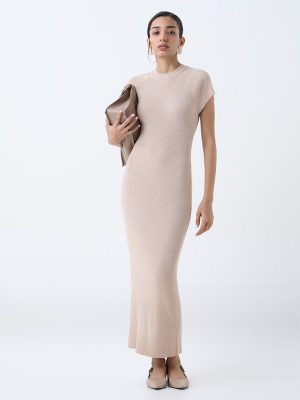 Wardrobe Beige Ribbed-Textured Bodycon Dress