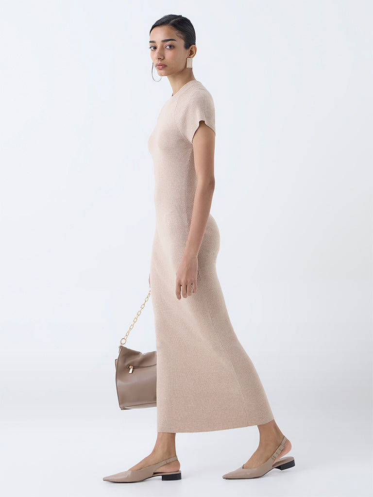 Wardrobe Beige Ribbed-Textured Bodycon Dress - Image 2