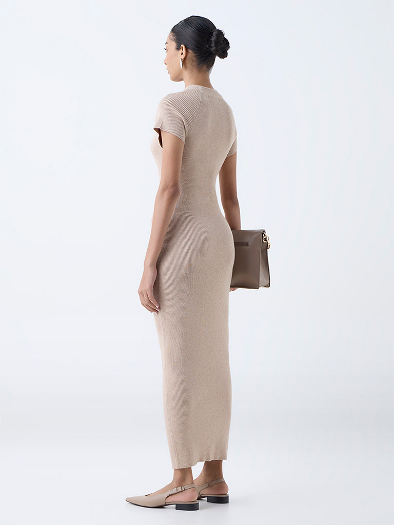 Wardrobe Beige Ribbed-Textured Bodycon Dress - Image 4