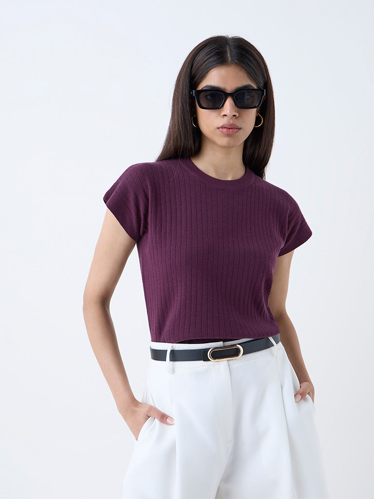 Wardrobe Plum Self-Striped T-Shirt